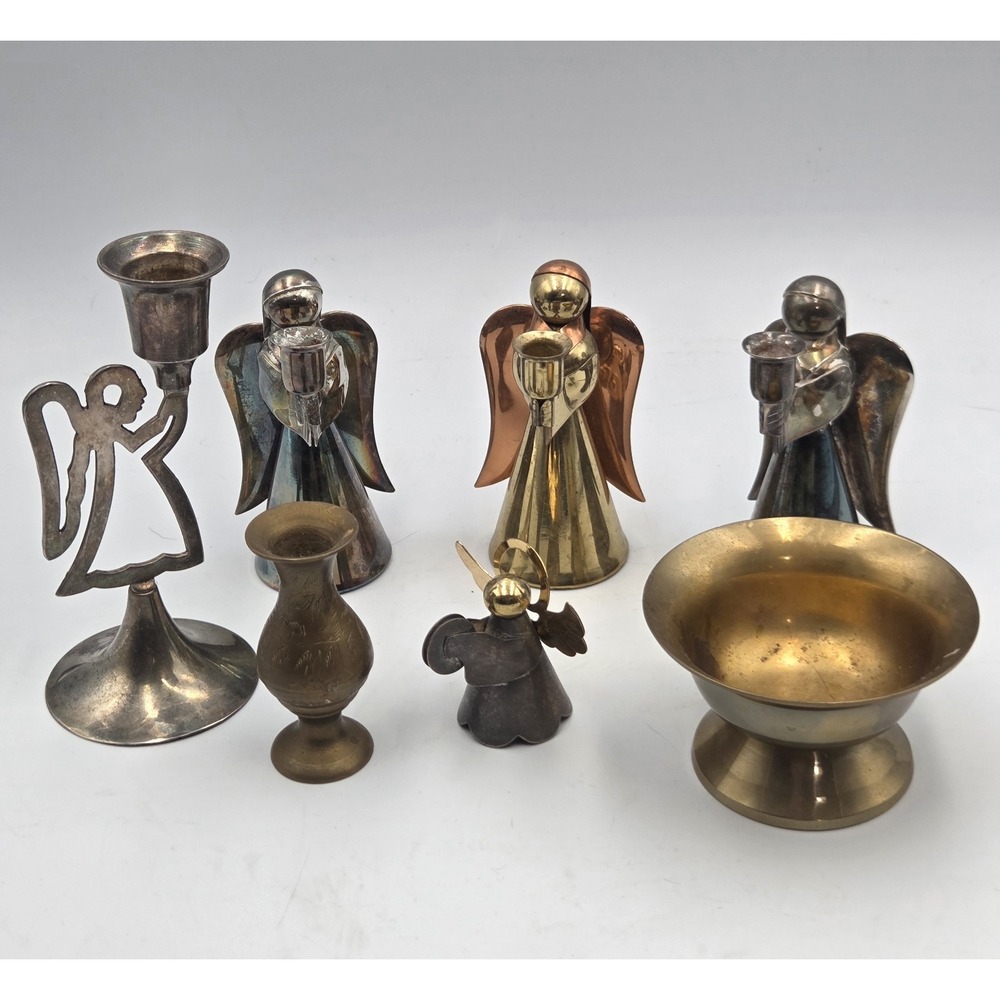 Lot Of 5 Angel Candle Holders Small Brass Vase Brass Bowl Copper Brass MCM